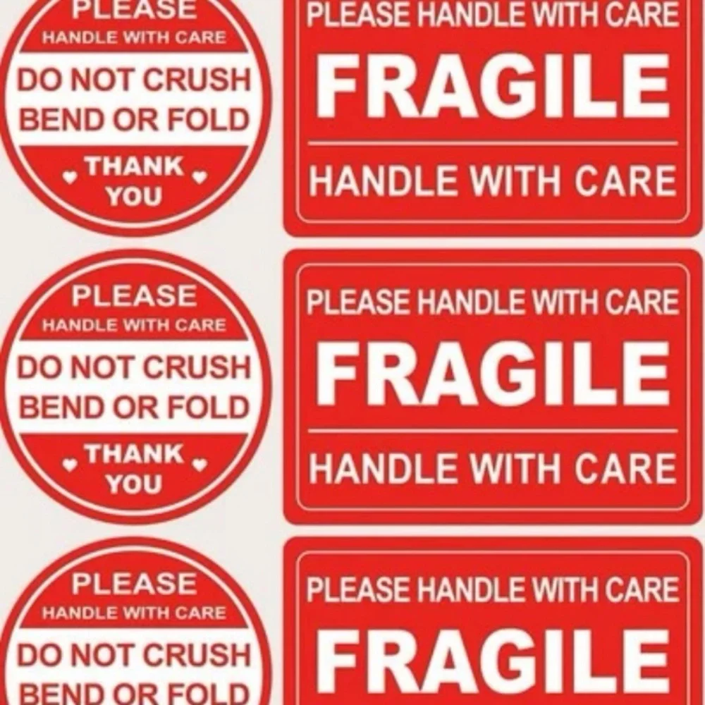 New 100 Pcs Handle With Care Fragile Circle Rectangle Packing Stickers